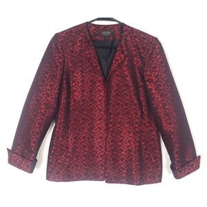 Kasper Women's Blazer Size 6 Red Floral Jacquard Open Front Long Sleeve